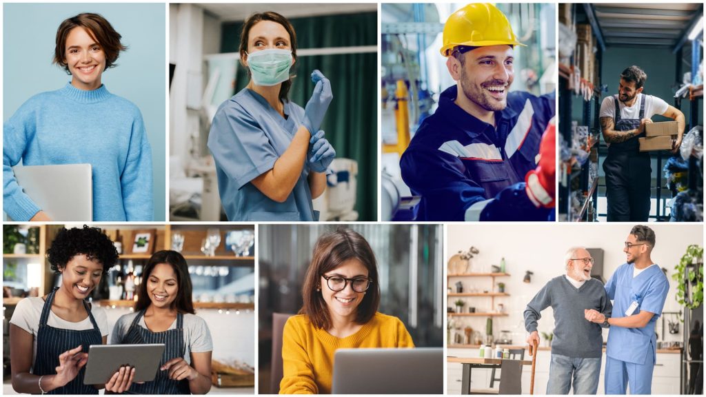 Kollage verschiedener Berufsbilder aus den Bereichen Krankenpflege, Handwerk und Logistik und Gastronomie