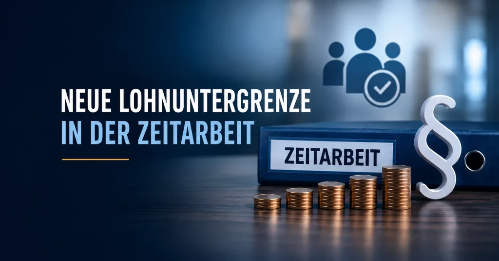Infografik zur Zeitarbeit in Deutschland: Darstellung der Entwicklung der Mindestentgelte nach Auslaufen der Lohnuntergrenzen-Verordnung 2025, Übergang zum gesetzlichen Mindestlohn und angekündigte neue Verordnung mit steigenden Stundenlöhnen bis 2027, symbolisch mit Geld, Tarifvertrag und Zeitleiste.